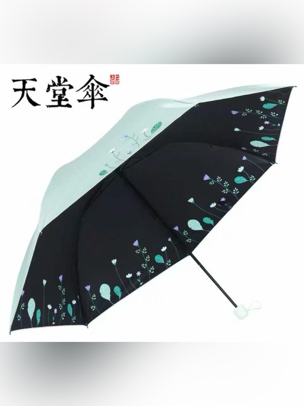 Women’s Black & Mint Floral UV Protection Compact Umbrella